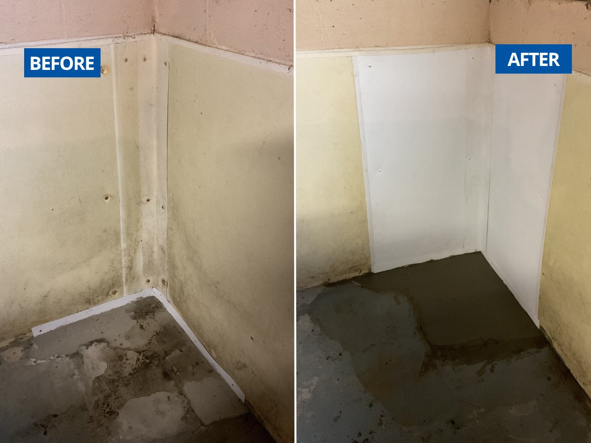 Before and after of an interior wall and floor waterproofing system in a South Bend 46619 basement