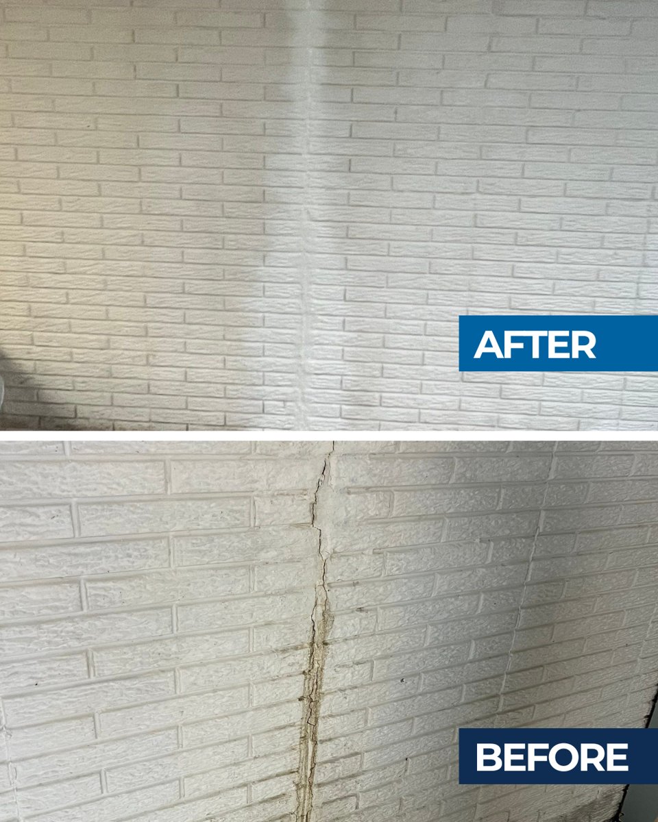 Before and after of a repaired foundation wall crack in a South Bend 46617 home
