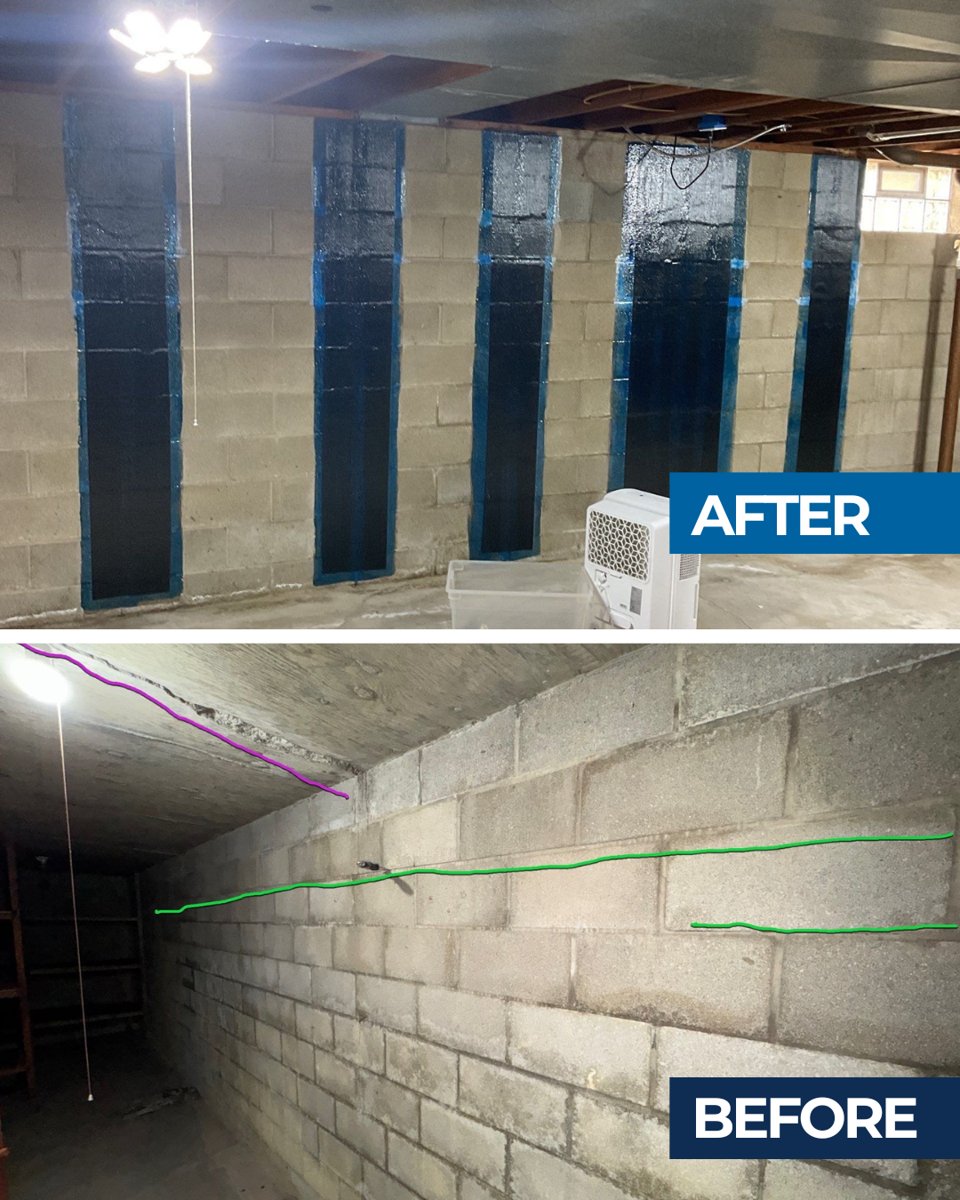 Before and after of a South Bend 46617 block foundation wall reinforced with Stabl-Wall carbon fiber
