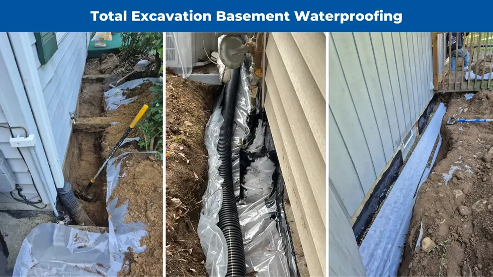 Before and after of total excavation basement waterproofing on an Edison-area Kalamazoo 49001 home