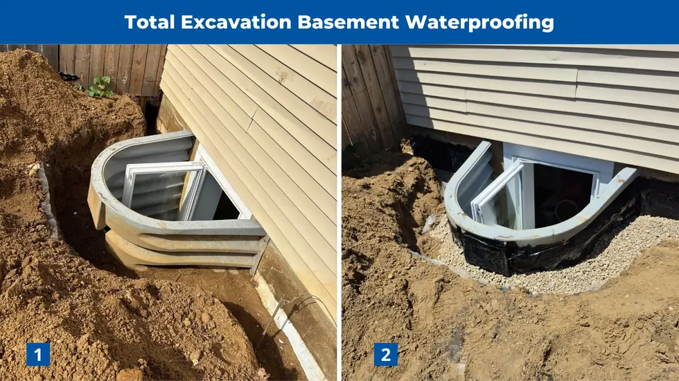 Before and after of total excavation basement waterproofing on a north Elkhart 46514 foundation