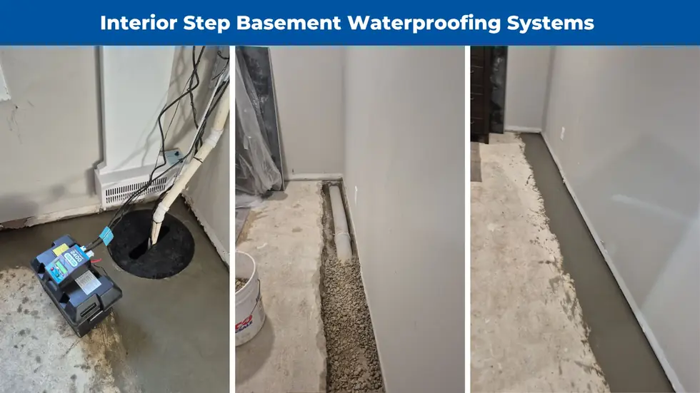 Before and after of an interior step basement waterproofing system in a South Elkhart 46517 basement