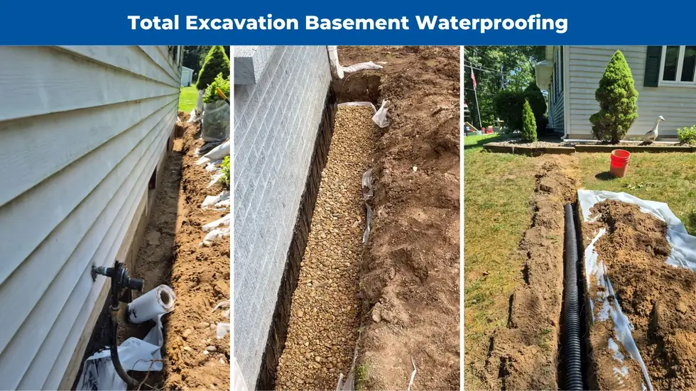 Before and after of total excavation basement waterproofing on a Westwood-area Kalamazoo 49006 home